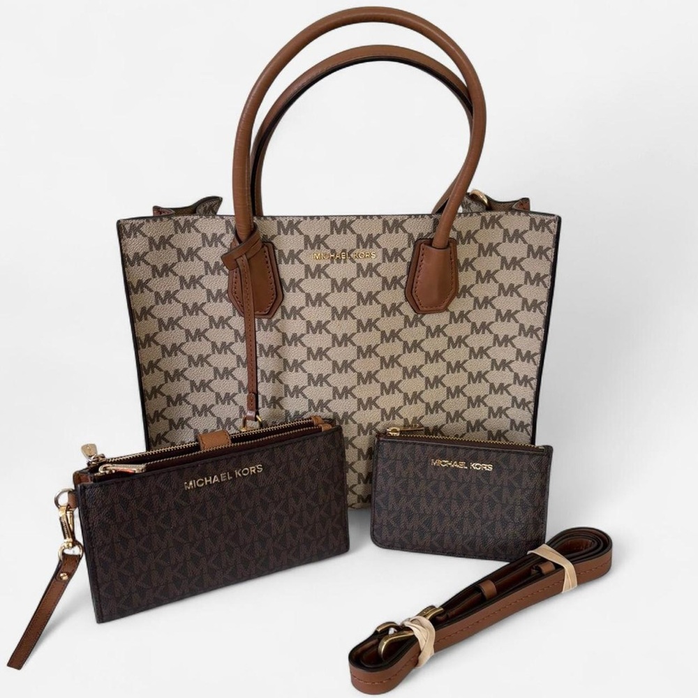 BUNDLE! Michael Kors Brown and Cream Tote Bag Set with Wallet and Coin Purse